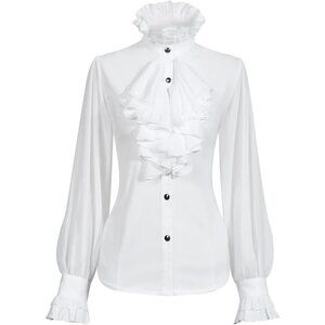 Women Victorian Long Sleeve Shirt Ruffle Stand Collar Blouse Gothic Medieval Top